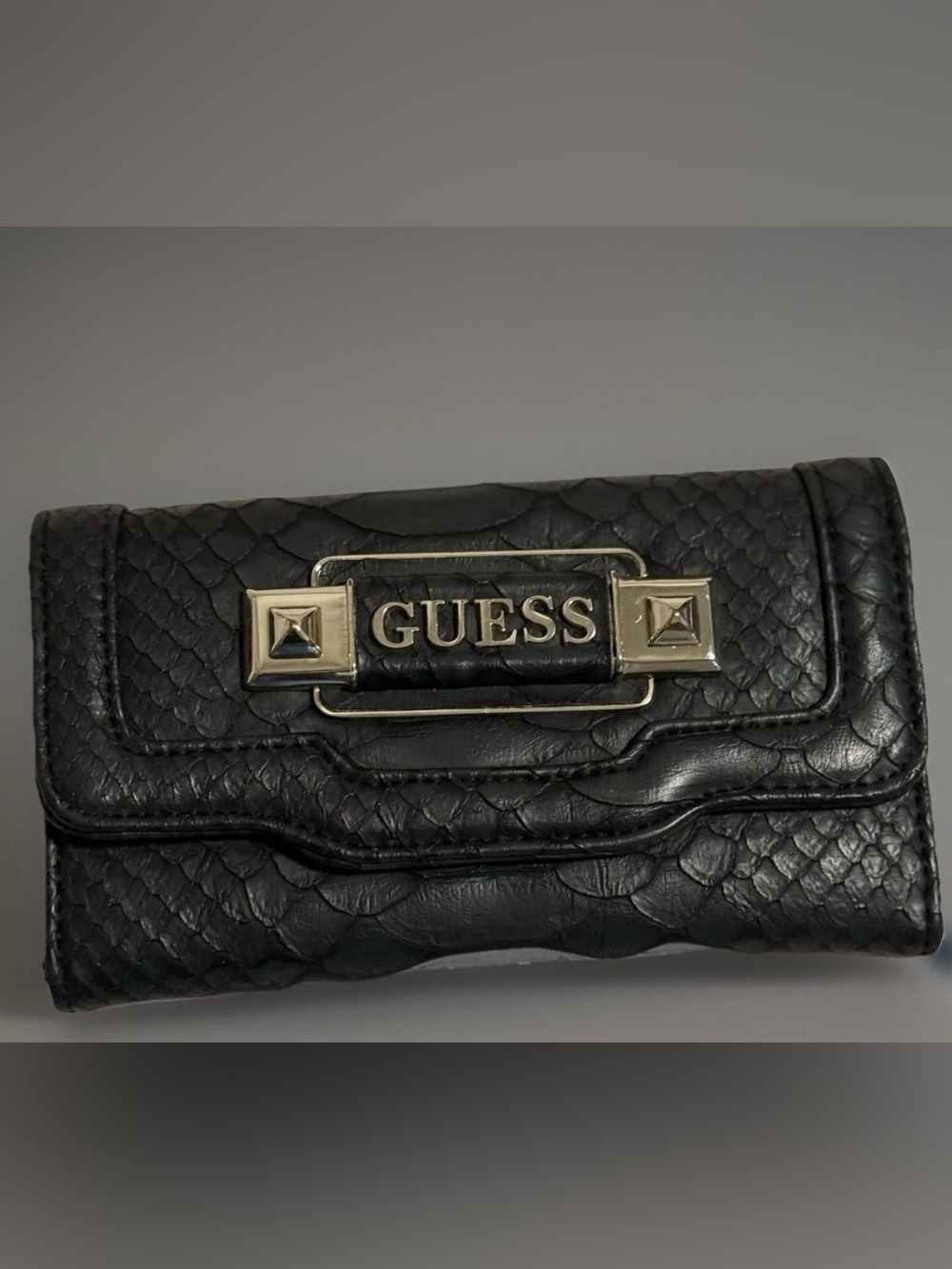 Guess Black Faux-Snakeskin Wallet with Gold Hardware